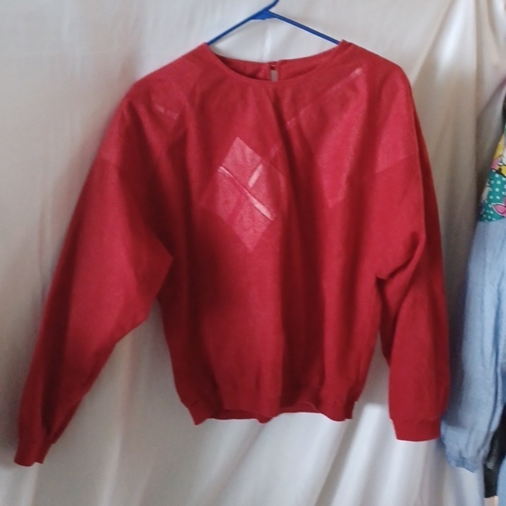 VTG 70s Red Velour Diamond Print Sweatshirt - Picture 1 of 7